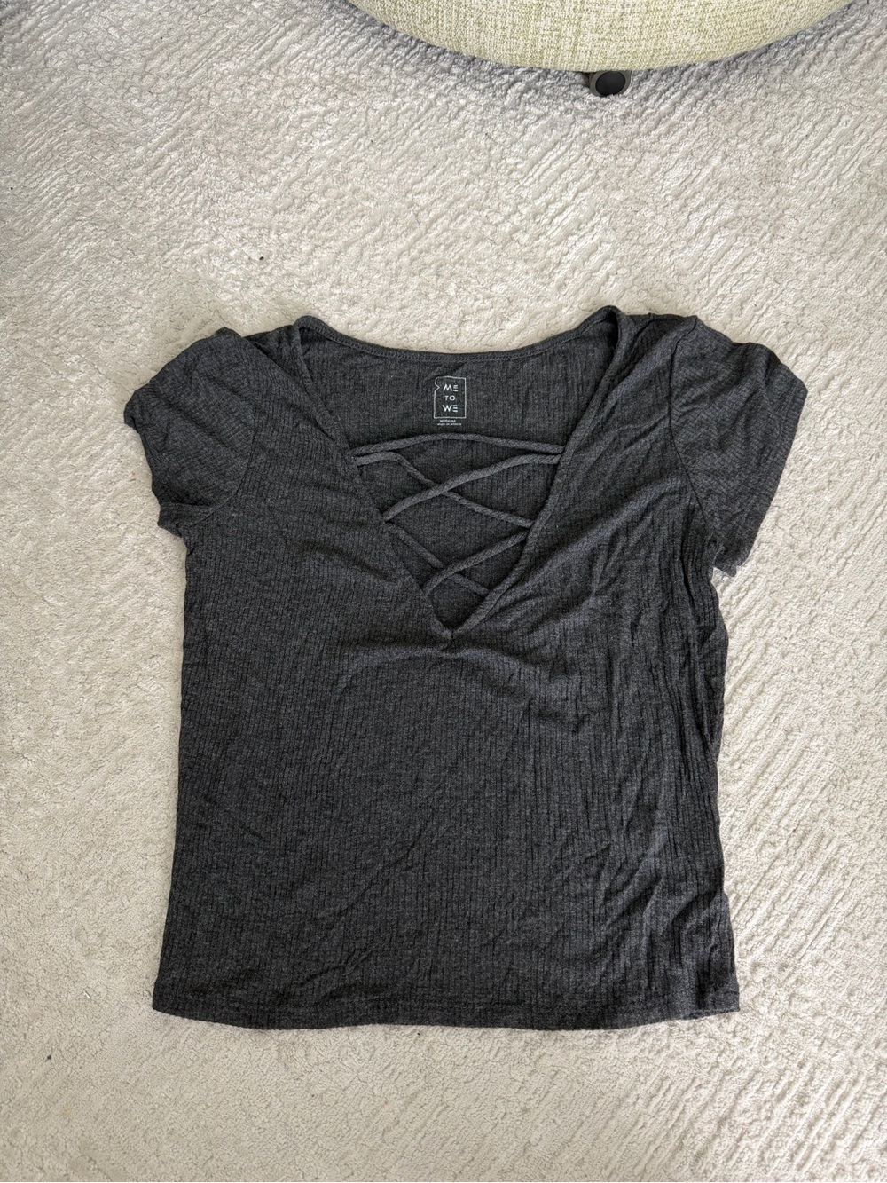 Me to We Charcoal Crisscross V-Neck Short Sleeve Top